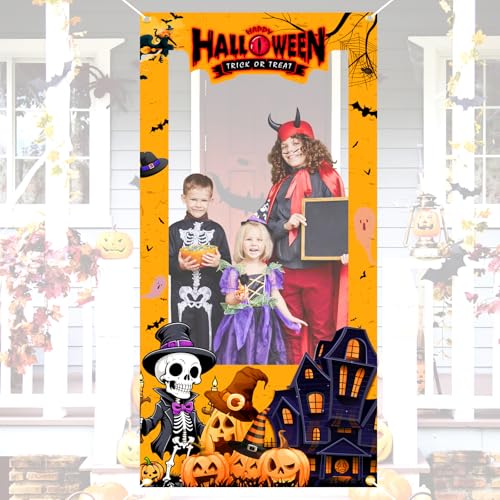 Halloween Foto Requisiten Hängen Kürbis Skelett Fotowand Fotografieren mit Freunden Familie Gruselig Fotobanner for Halloween Deko Indoor Outdoor Party Requisite(180x90cm) von newhsy