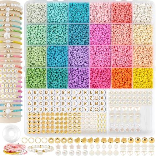 Perlen für Armbänder, 24 Bunte Makkaron Matte Glasperlen zum Auffädeln, 3mm Perlen Set,Armbänder Selber Machen Charm Kit für DIY Bracelet Making, Feiertage, Partys, Weihnachten (24 Colors+2) von newplenty