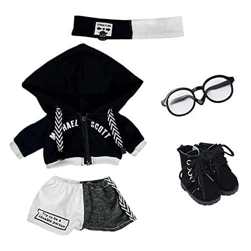 niannyyhouse 20 cm Plüsch-Puppenkleidung, locker, schwarz-weißer Anzug, Kopfbedeckung, Kapuzenpullover, Hose, Brille, Schuhe, Puppen-Dressup (schwarz, 20 cm) von niannyyhouse