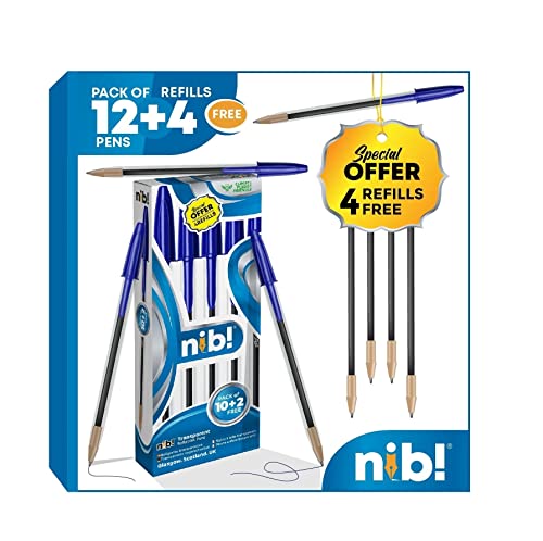 Nib! NIBBPTRBLU10+2 Kugelschreiber, transparent, 1,0 mm, Blau, 12 Stück und 4 Ersatzminen von nib!