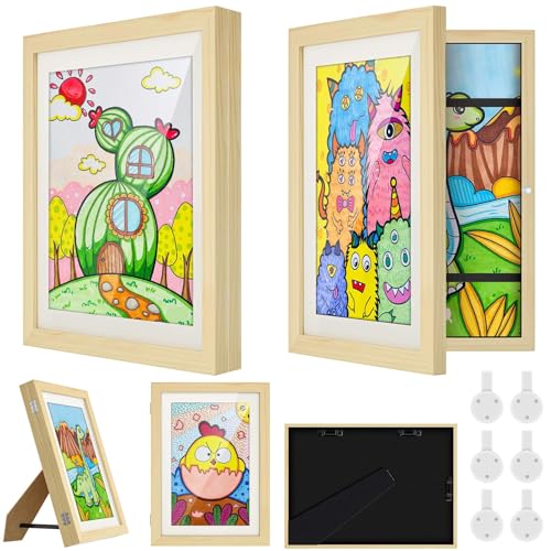 NICEKOOL 2 STK Bilderrahmen Kinderzeichnungen A4, Kinder Befüllba Kunstfotorahmen Frontöffnung, Holz Kinder Kunst Rahmen, Aufklappbar mit Wand & Standfunktion, Ideal für Kunstprojekte, Zuhause (Natur) von nicekool