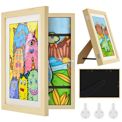 NICEKOOL Bilderrahmen Kinderzeichnungen A4, 1 STK Kinder Befüllba Kunstfotorahmen Frontöffnung, Holz Kinder Kunst Rahmen, Aufklappbar mit Wand & Standfunktion, Ideal für Kunstprojekte, Zuhause (Natur) von nicekool