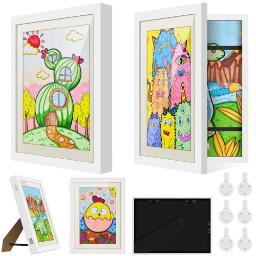 nicekool 2 STK Bilderrahmen Kinderzeichnungen A4, Kinder Befüllba Kunstfotorahmen Frontöffnung, Holz Kinder Kunst Rahmen, Aufklappbar mit Wand & Standfunktion, Ideal für Kunstprojekte, Zuhause (Weiß) von nicekool