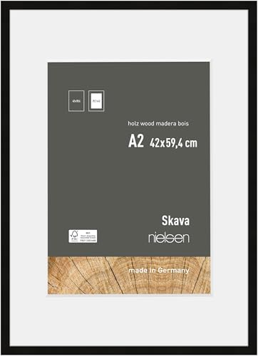 nielsen Bilderrahmen mit Passepartout, 42 x 59,4 cm (A2), Holz, Schwarz, Posterrahmen zum Aufhängen im Hoch- & Querformat, Echtglas, Skava von nielsen