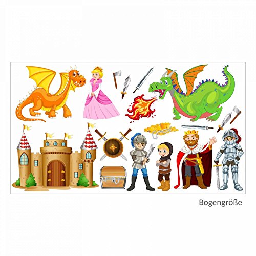 009 Wandtattoo Ritter mit Drachen Burg Prinzessin - in 6 Größen - Kinderzimmer Sticker Babyzimmer Wandaufkleber Wandsticker Wanddeko Wandbild Junge - Größe 1000 x 560 mm von nikima Schönes für Kinder