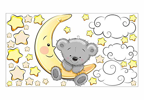 064 Wandtattoo Teddy auf Mond Wolken Sterne - in 6 Größen - Kinderzimmer Sticker Babyzimmer Sternenhimmel Wandaufkleber niedliche Wandsticker süße Wanddeko Wandbild Junge Mädchen (750 x 420 mm) von nikima Schönes für Kinder