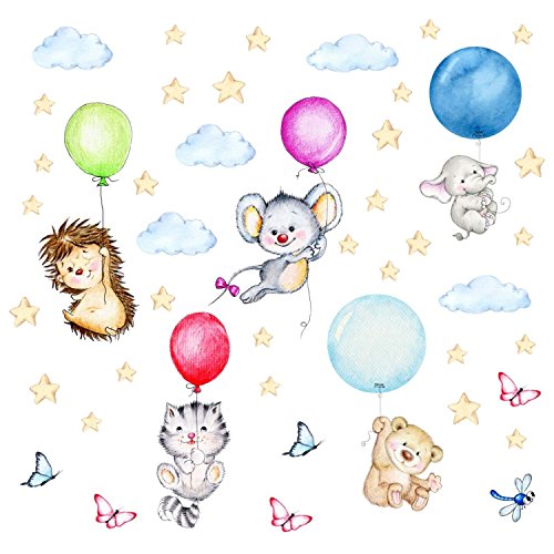 123 Wandtattoo niedliche Tiere mit Luftballons in 6 Größen - Kinderzimmer Sticker Aufkleber Wanddeko Wandbild Junge Mädchen Baby - Größe 2000 x 1120 mm von nikima Schönes für Kinder