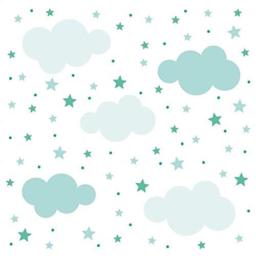 142 Wandtattoo Wolken, Sterne und Punkte Set Mint grün blau - 87 Stück - in 6 vers. Größen - süße Kinderzimmer Sticker Aufkleber - Größe 750 x 420 mm von nikima Schönes für Kinder