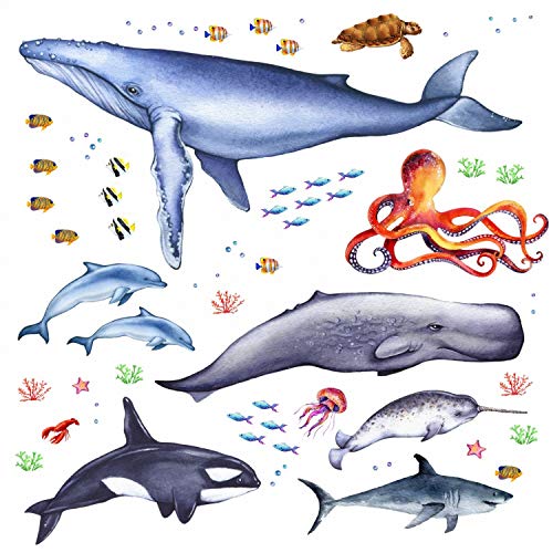 166 Wandtattoo Tiere der Meere - Blauwal, Hai, Delfin, Orca Größe 1000 x 560 mm von nikima Schönes für Kinder