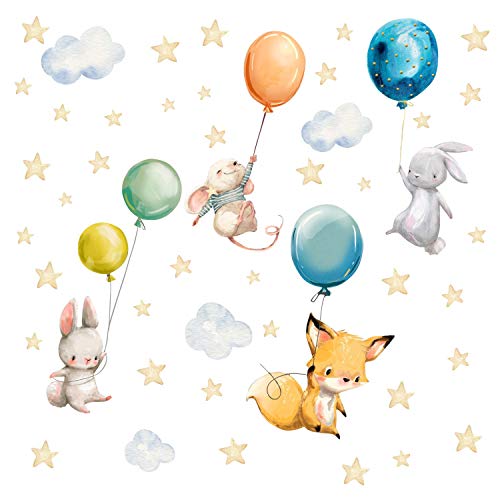 184 Wandtattoo Tiere mit Luftballon - Aquarell Fuchs, Hase, Maus - Kinderzimmer Deko Wandbild Sticker Aufkleber - Größe 1250 x 700 mm von nikima Schönes für Kinder