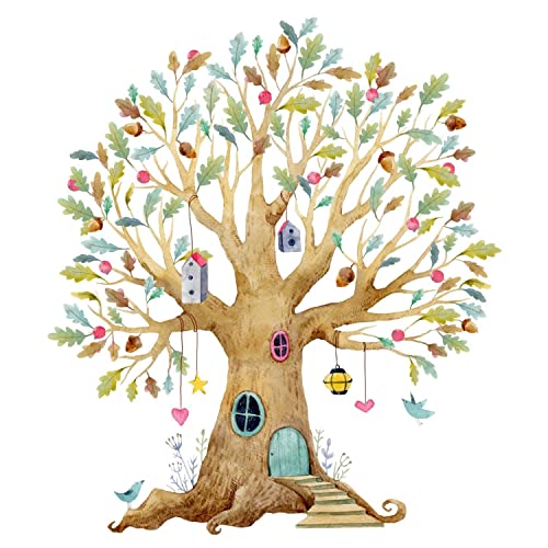 241 Wandtattoo bunter Baum Eiche Elfenbau Haus Größe 1500 x 1750 mm - in 2 Größen - Kinderzimmer Sticker Wandaufkleber Wandsticker Wanddeko Wandbild von nikima Schönes für Kinder