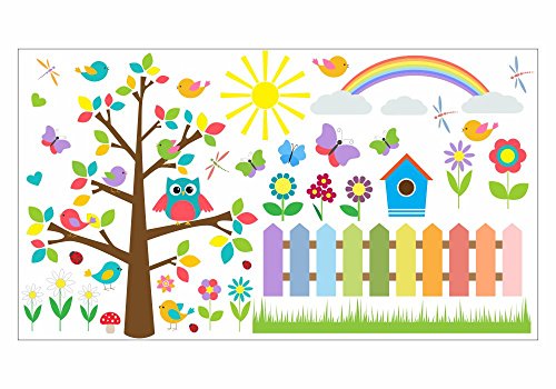 nikima - 021 Wandtattoo bunte Eule auf Baum, bunte Blumen, Schmetterlinge - in 6 Größen - (1750 x 980 mm) von nikima Schönes für Kinder