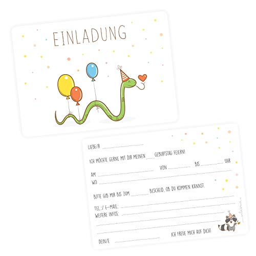 nikima Schönes für Kinder 10 Einladungskarten Happy Snake inkl. 10 Briefumschlägen - Kindergeburtstag Junge Mädhen Geburtstag Einladung Party Punkte Dots Luftballon von nikima Schönes für Kinder