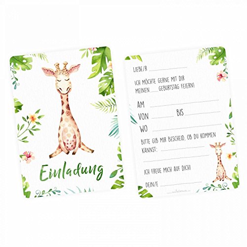 nikima Schönes für Kinder - 10 Einladungskarten Giraffe Dschungel Grün inkl. 10 Transparenten Briefumschlägen Kinder Geburtstag Mädchen Junge Einladung Feier Aquarell Dschungel Tier von nikima Schönes für Kinder