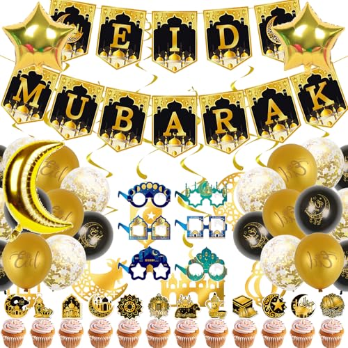 Eid Mubarak & Ramadan Dekorationen Set für Zuhause - Islamische Party Decor Kit mit Luftballons, Banner, Papiergläser, hängende Wirbel, Cupcake Toppers für Ramadan Party, Familienfeiern (Schwarz Gold) von nnOuOnn