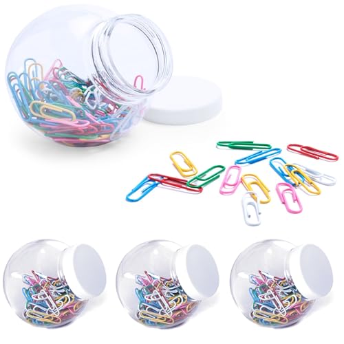 4er Sparset Originelles Büroklammern-Glas mit weißem Schraubverschluss im Stil eines Bonbon Glases mit je 100 Clips - Büroklammern mit PVC-Überzug in vielen verschiedenen Farben 400 Papier Clips von noTrash2003