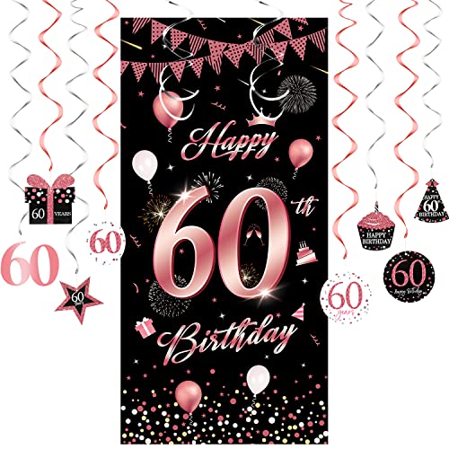 60. Geburtstag Deko für Frauen Roségold Pink Banner 60 Geburtstag Geburtstagsbanner 60 Happy Birthday Geschenk XXL mit 60th Birthday Spiralhänger von oGoDeal