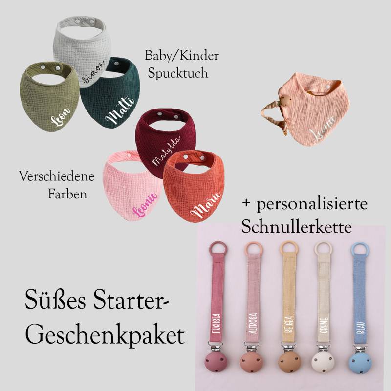 Baby Starterpaket Personalisiertes Lätzchen + Schnullerkette - Musselin Dreieckstuch, Für Baby/Kind von oLEDoFrames