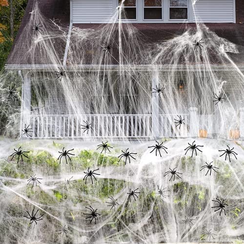 obqo Halloween Deko Spinnennetz 300g - Spinnweben Deko mit 50 Plastik Spinnen Spinnennetz Deko Dekoration Realistisch und Dehnbar für Outdoor Indoor Gardens Halloween Party Horror Deko von obqo