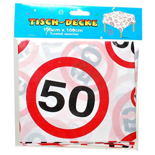 Tischdecke für den 50. Geburtstag im Verkehrsschild-Design | 100cm x 100cm groß von odo Schmidt