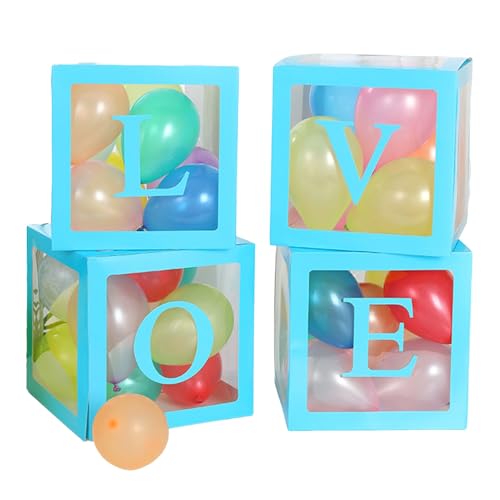 ohfruit Ballonboxen mit Buchstaben, 4 Transparente Ballonboxen mit LIEBE, Wiederverwendbare Stapelbare Würfel Dekorative Box, Ballonbox Blöcke Hintergrund für Party Hochzeit Geburtstag Blau von ohfruit