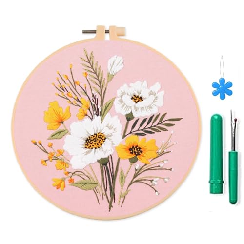 ohodhmnu Blumen-Stickset für Anfänger mit Muster und Anleitung Stich-Set, Holzreifen, Fäden, Nadel für Erwachsene von ohodhmnu