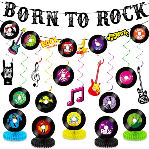 Rock-and-Roll-Party-Dekorationsset "Born to Rock", Banner zum Aufhängen, Wirbel und Waben-Mittelaufsätze, Musik-Themenparty-Dekor für Happy Birthday, Kinder, Babyparty, Partyzubehör, Gastgeschenk von ojustbeok