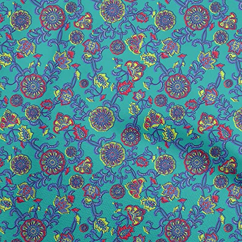 oneOone Polyester Spandex Stoff In Türkisblau, Kalamkari Stoff Zum Nähen, Bedruckter Bastelstoff, Meterware, Zwei Zoll Breit von oneOone