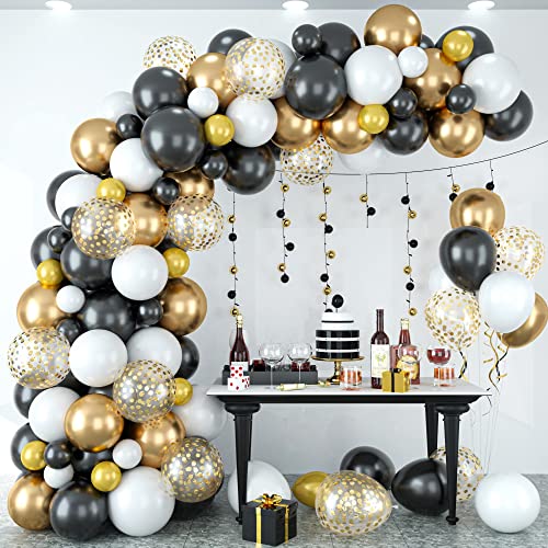 Gold Schwarz Luftballons Girlande Kit, 120pcs Party Dekoration Set mit Gold Weiß Konfetti Luftballons, Metallic Ballon, Ballongirlande Kit für Silvester Deko Set 2024, Neujahrsdeko, Geburtstag von onehous