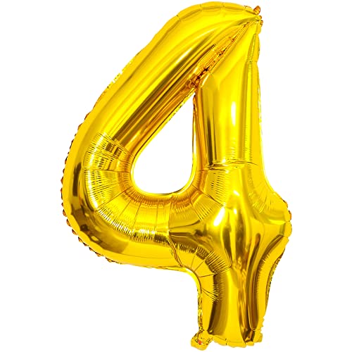 onehous Folienballon Zahl 4, Luftballon Geburtstag Gold, 100 cm Riesen Zahlenballon 4, Geburtstagsdeko Jungen Mädchen, Ballon Zahl 4 Deko zum Geburtstag, Fliegt mit Helium von onehous