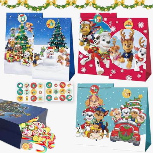 24er Pack Weihnachtsgeschenktüten, Adventskalender zum Befüllen, Cartoon-Mottoparty-Geschenktüten, Cartoon-Hunde-Papiertüten mit 24 Zahlenaufklebern (Rot) von oosheon