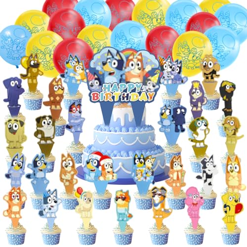 48 PCS bluey Tortendeko, Cupcake Toppers, bluey geburtstagsdeko, Kindergeburtstag Deko, 18 Luftballons und 30 Tortendekorationen(buluyiqiqiu) von oosheon