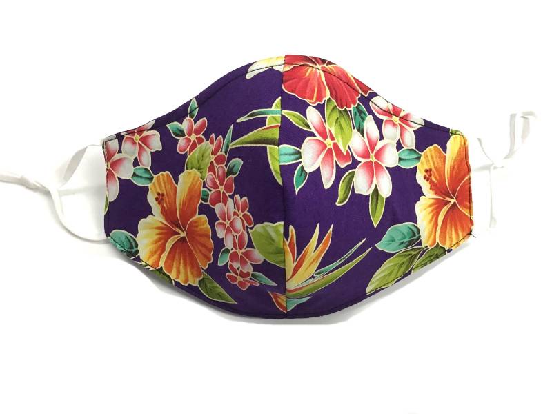 Deep Purple Tropical Hawaiian Print Gesichtsmaske Dreifach Gefüttert Reversible | Dreifach Liniert von originalsbyhitomi