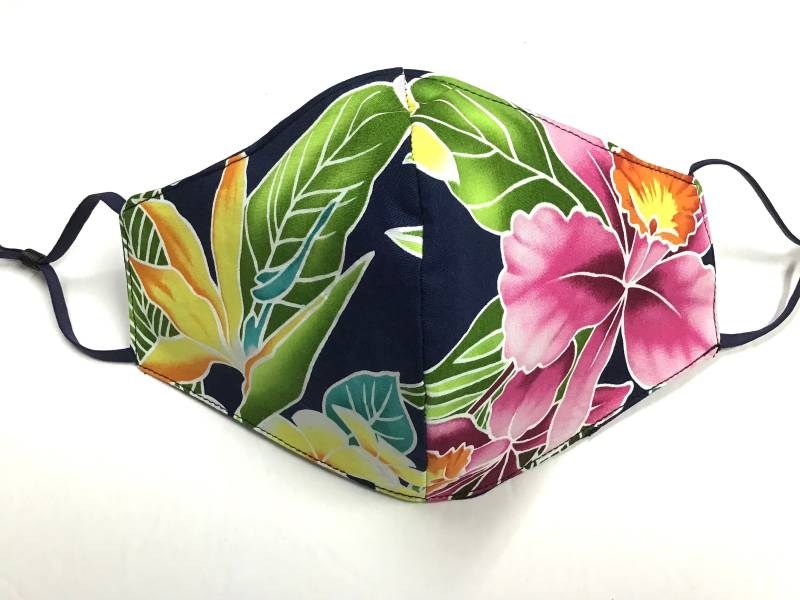 Navy Blue Tropical Hawaiian Print Gesichtsmaske Dreifach Gefüttert Verstellbar von originalsbyhitomi