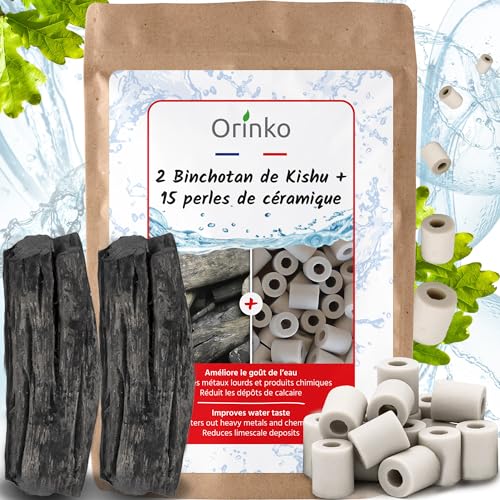 ORINKO 2x Aktivkohlefilter Wasser & 15x EM Keramik Pipes – Kishu Binchotan aus grüner Eiche & Keramikperlen – Natürliche Wasserreinigung für Karaffen & Flaschen von orinko