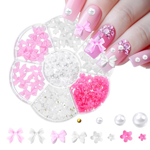 Oruola Nagel Charms,Blumen Nail Charms,3D Nägel Charms,3D Rosa Bogen Nail Art Dekoration,3D Acryl Blumen Nail Gems mit weißen Halbperlen,Harz Edelsteine für Nagelschmuck DIY von oruola