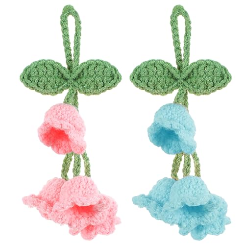 oruola 2 x Tulpenspiegel-Hängeornament, Rückspiegel-Hängezubehör, handgestrickte Häkelblumen, niedliches Autozubehör für Damen, niedliches kleines Maiglöckchen-Auto-Dekorationen (Rosa, Blau) von oruola