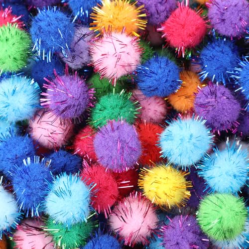 oruola Pompons zum Basteln, 1,5 cm, glitzernde Pompons, mehrfarbig, glitzernde Pompons für Kunsthandwerk, weiche Katzenspielzeugbälle mit Lametta-Flaum, für den Innenbereich, flauschige Bastel-Pompons von oruola