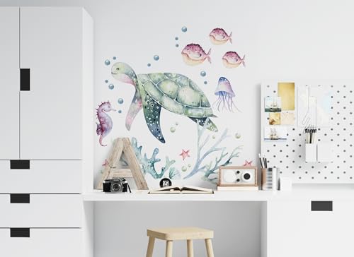 Osomhome |Wandtattoo Kinderzimmer Wandsticker | Wanddeko Babyzimmer | Schlafzimmer Junge Mädchen Selbstklebend | Schildkröte, Ozean, Korallenriff (Turtle, M) von osomhome