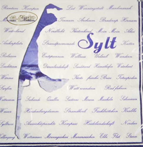 osters muschel-sammler-shop Sylt/Servietten/Zellstoffservietten/Maritime Muster-Motiv / 33x33cm / 20 Stück-Packung (Sylt mit Schrift) von osters muschel-sammler-shop