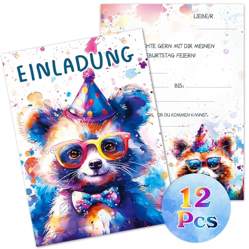 oumuik 12x einladungskarten kindergeburtstag Mädchen & Jungen geburtstagseinladungen Niedliche Aquarell Bär Grußkarte mit buntem Glitzerlack Schule/Geburtstag/Party/Einladung von oumuik