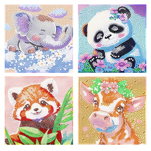 oupados 4 Stück 5D Diamant Malerei Kit Diamant Bilder Arts Craft Diamond Painting Kinder Tiere für Bastelarbeiten für Jungen und Mädchen, Wanddekorationen und Kindergeschenke 15×15cm von oupados