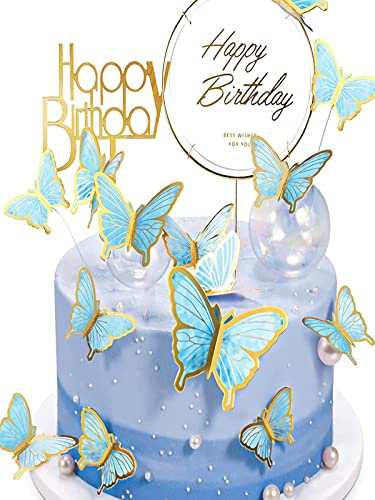 22 Stück Schmetterlinge Tortendeko ， Tortendeko Geburtstag ，Tortendeko Geburtstag Mädchen mit 2Happy Birthday-Acryl-Kuchenaufsätzen,Happy Birthday Tortendeko Hochzeitstorte Deko (Blue)… von owlfun