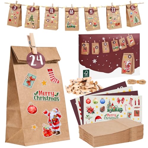 Adventskalender zum Befüllen, Adventskalender 2024 Tüten, Weihnachtskalender zum befüllen, 24 Papiertüten mit Aufkleber Holzklammern, Adventskalender Selber Befüllen Basteln Geschenktüten von packra