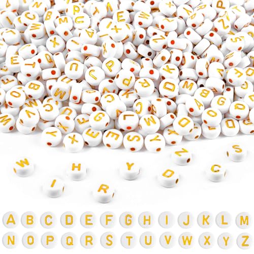 Buchstabenperlen, A-Z Buchstaben Perlen 7 mm Alphabet Perlen Set, Acryl Rund Buchstabenperlen für Armbänder Halsketten Schmuck DIY Herstellung, 600 Stk, Gold Weiß von packra