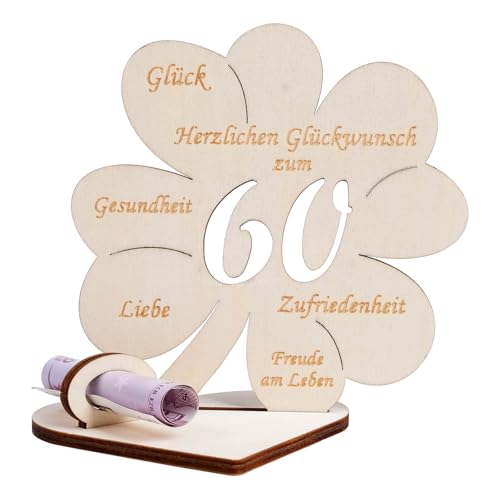 Geldgeschenke Geburtstag, Kleeblatt Glück Geldgeschenk 60 Geburtstag Frauen Männer, Geldgeschenk aus Holz Holz Schild Gästebuch für Geburtstag Hochzeit Geschenk, Personalisiert Tischdekoration von packra