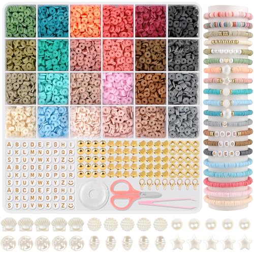 Clay Perlen für Armbänder, Perlen zum Auffädeln Heishi Perlen Set 24 Farben 6mm, Polymer Clay Perlen mit Buchstabenperlen für Armbänder Selber Machen von packra