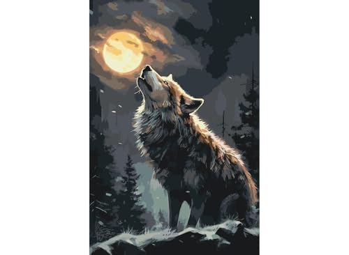 painteree DIY set | Malen nach Zahlen erwachsene | der Wolf und der Vollmond (40x60 cm) | Eingerahmt auf einem Holzrahmen mit Pinsel und Acrylfarben Set von painteree