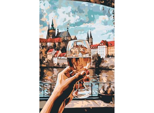 painteree DIY set | Malen nach Zahlen erwachsene | ein Glas Wein in Prag (40x60 cm) | Eingerahmt auf einem Holzrahmen mit Pinsel und Acrylfarben Set von painteree