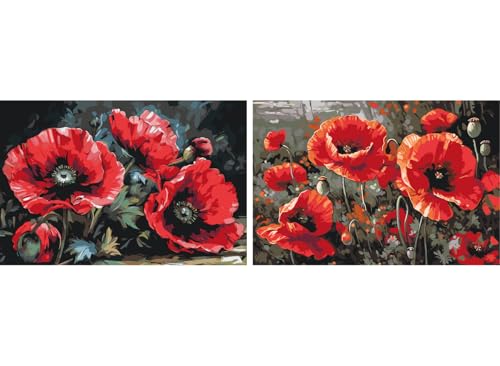 painteree DIY set | Malen nach Zahlen erwachsene | rote Mohnblumen Kollektion (zwei Bilder) (40x60 cm) | Leinwand ohne Rahmen mit Pinsel und Acrylfarben Set von painteree